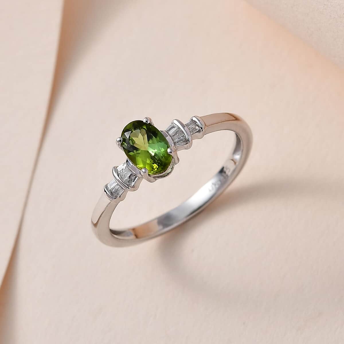 Premium Natural Calabar Green Tourmaline and Diamond Ring in Platinum Over Sterling Silver (Size 5.0) 0.70 ctw image number 1