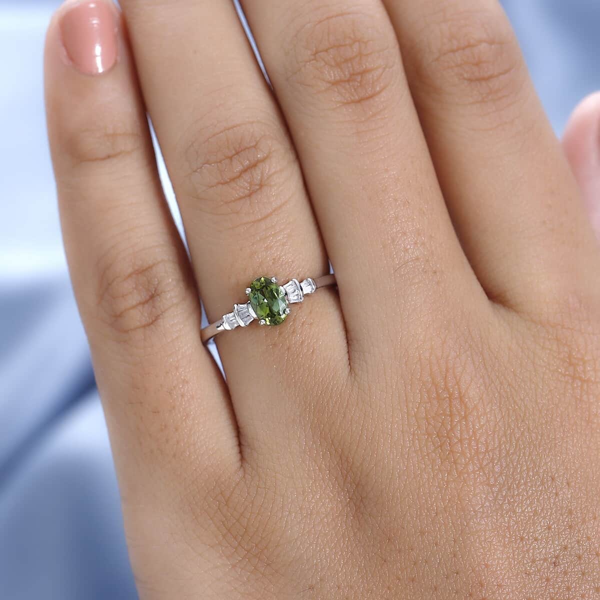 Premium Natural Calabar Green Tourmaline and Diamond Ring in Platinum Over Sterling Silver (Size 5.0) 0.70 ctw image number 2