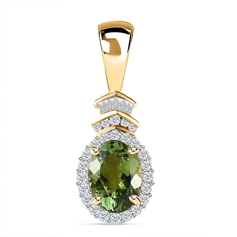 Luxoro 14K Yellow Gold AAA Natural Calabar Green Tourmaline and G-H I3 Diamond Halo Pendant 1.50 ctw