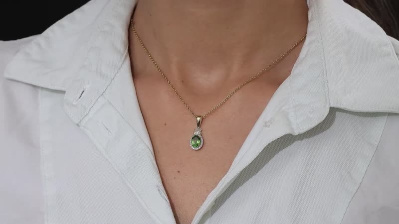Luxoro 14K Yellow Gold AAA Natural Calabar Green Tourmaline and G-H I3 Diamond Halo Pendant 1.50 ctw