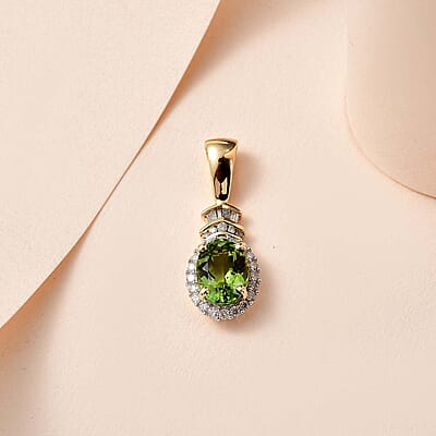 Luxoro 14K Yellow Gold AAA Natural Calabar Green Tourmaline and G-H I3 Diamond Halo Pendant 1.50 ctw