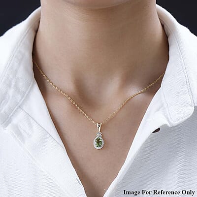 Luxoro 14K Yellow Gold AAA Natural Calabar Green Tourmaline and G-H I3 Diamond Halo Pendant 1.50 ctw