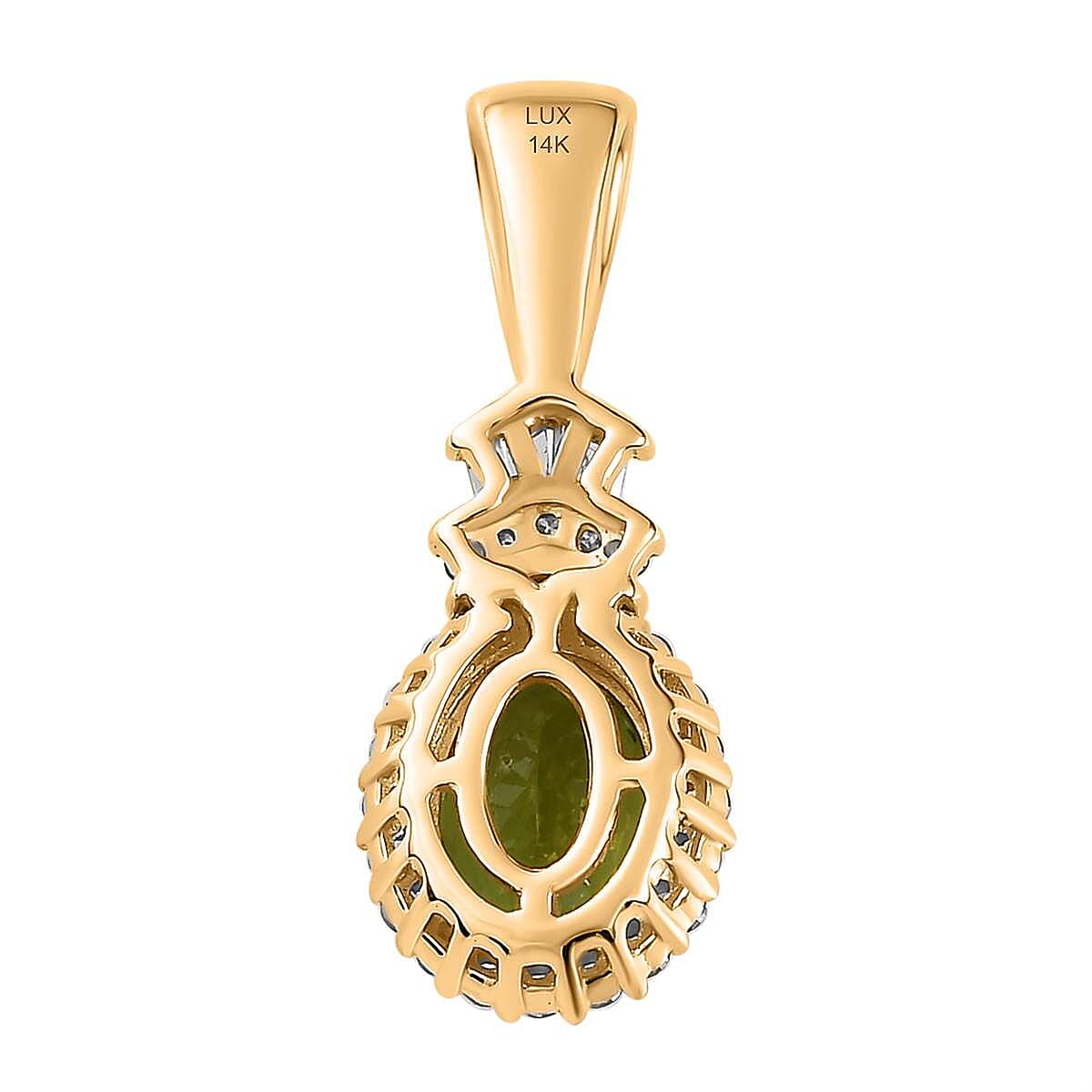 Luxoro 14K Yellow Gold AAA Natural Calabar Green Tourmaline and G-H I3 Diamond Halo Pendant 1.50 ctw