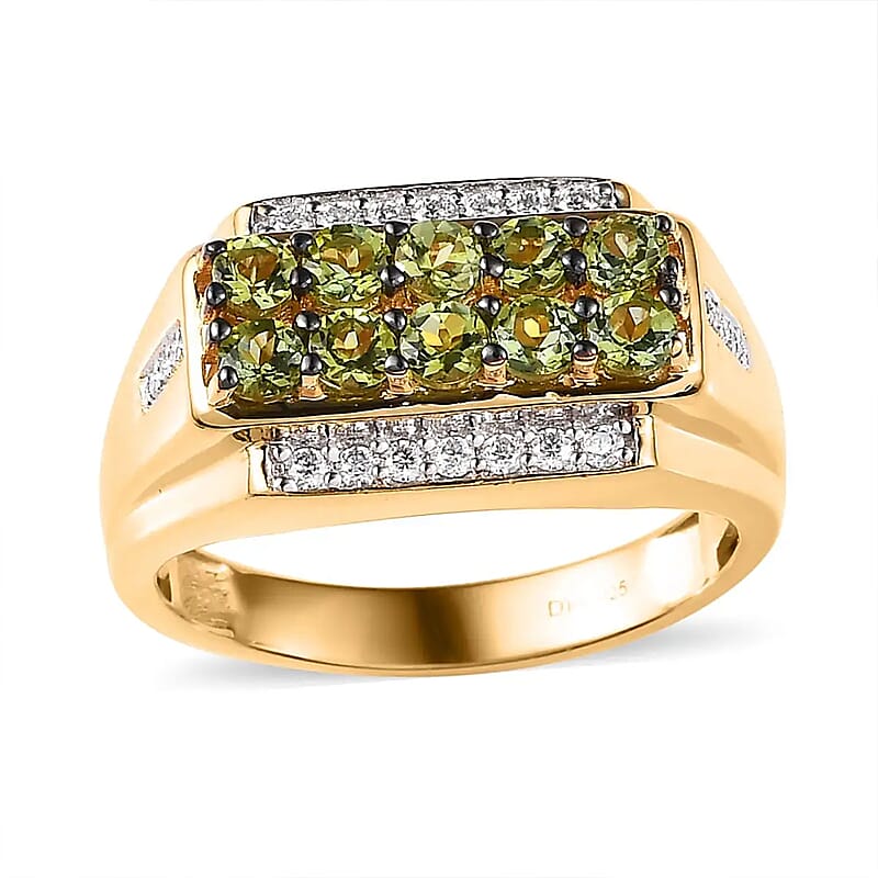 Premium Natural Calabar Green Tourmaline and Moissanite Men's Ring in Vermeil Yellow Gold Over Sterling Silver (Size 10.0) 1.60 ctw