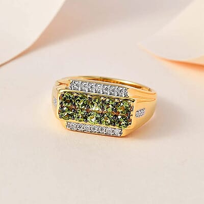 Premium Natural Calabar Green Tourmaline and Moissanite Men's Ring in Vermeil Yellow Gold Over Sterling Silver (Size 10.0) 1.60 ctw
