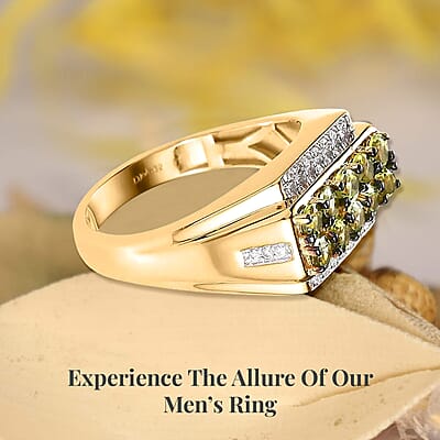 Premium Natural Calabar Green Tourmaline and Moissanite Men's Ring in Vermeil Yellow Gold Over Sterling Silver (Size 10.0) 1.60 ctw
