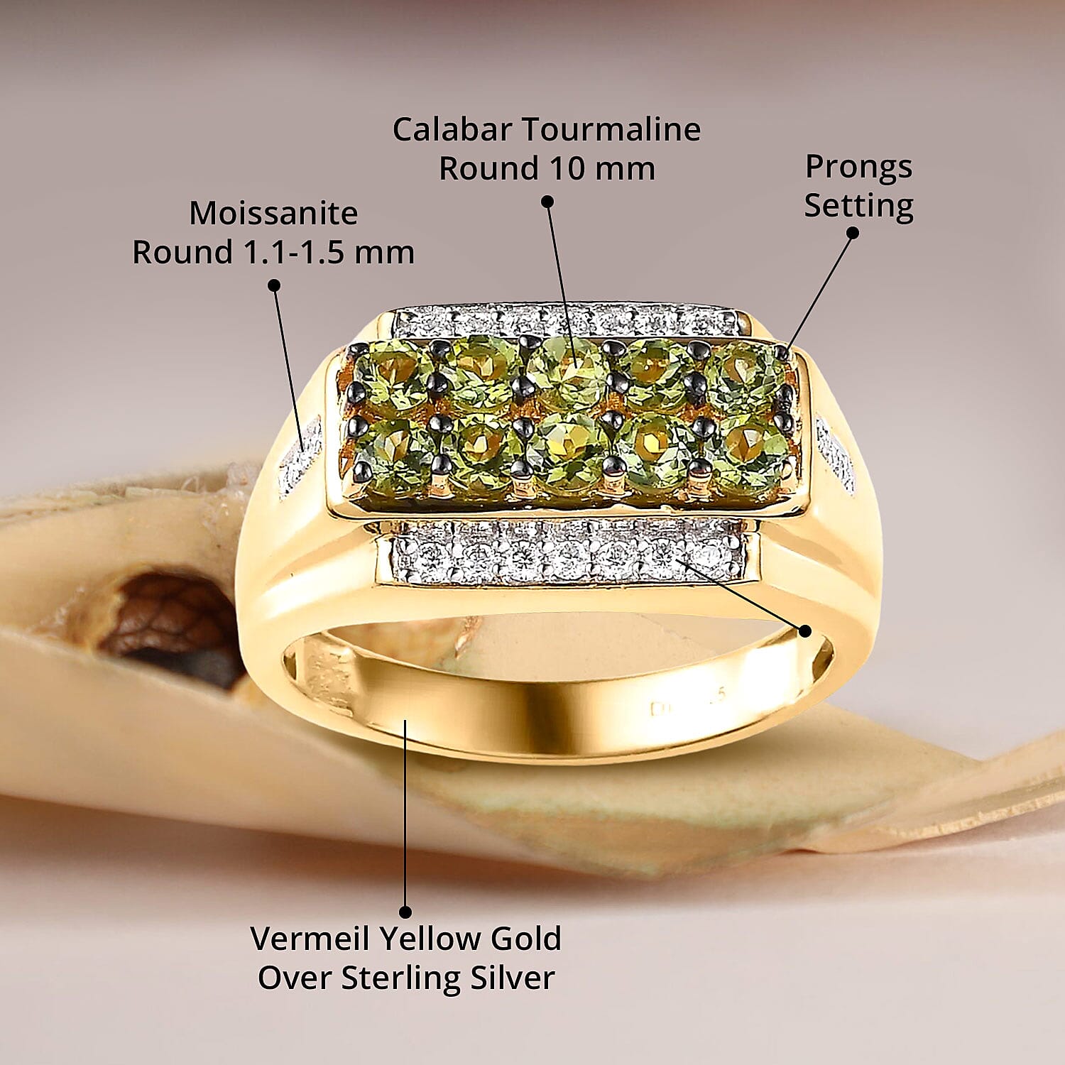 Premium Natural Calabar Green Tourmaline and Moissanite Men's Ring in Vermeil Yellow Gold Over Sterling Silver (Size 10.0) 1.60 ctw