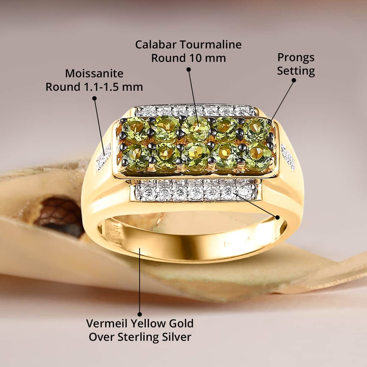 Premium Calabar Tourmaline, Moissanite Men's Ring in Vermeil YG Over Sterling Silver (Size 10.0) 1.60 ctw image number 4