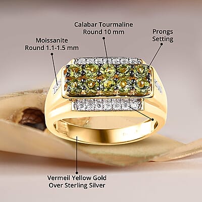 Premium Natural Calabar Green Tourmaline and Moissanite Men's Ring in Vermeil Yellow Gold Over Sterling Silver (Size 10.0) 1.60 ctw