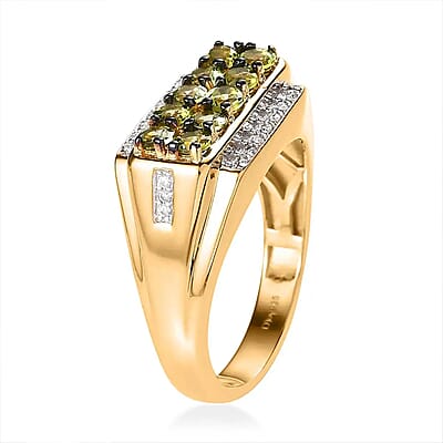 Premium Natural Calabar Green Tourmaline and Moissanite Men's Ring in Vermeil Yellow Gold Over Sterling Silver (Size 10.0) 1.60 ctw