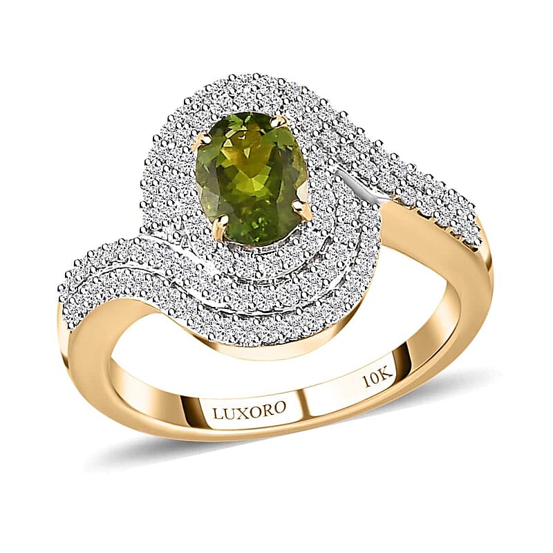 Luxoro 10K Yellow Gold AAA Natural Calabar Green Tourmaline and Moissanite Ring (Size 6.0) 1.25 ctw