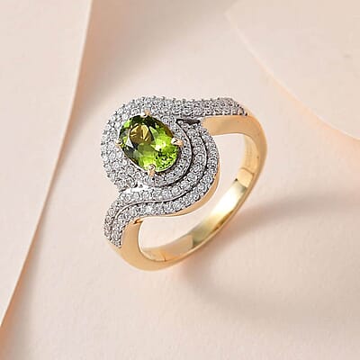 Luxoro 10K Yellow Gold AAA Natural Calabar Green Tourmaline and Moissanite Ring (Size 6.0) 1.25 ctw