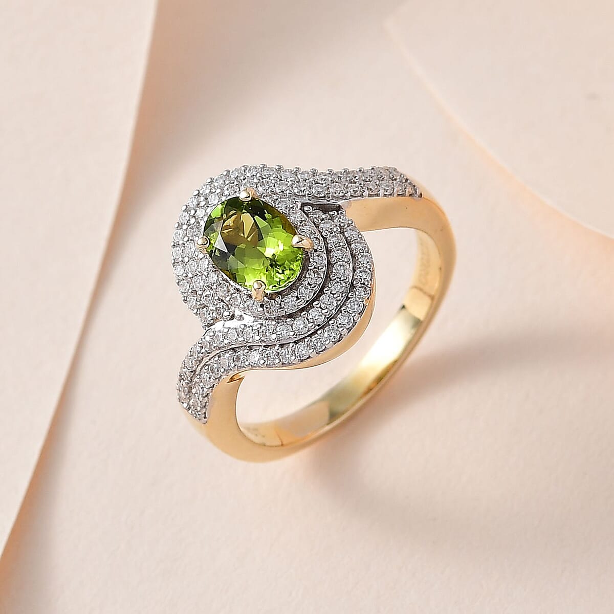 Luxoro 10K Yellow Gold AAA Natural Calabar Green Tourmaline and Moissanite Ring (Size 7.0) 1.25 ctw image number 1