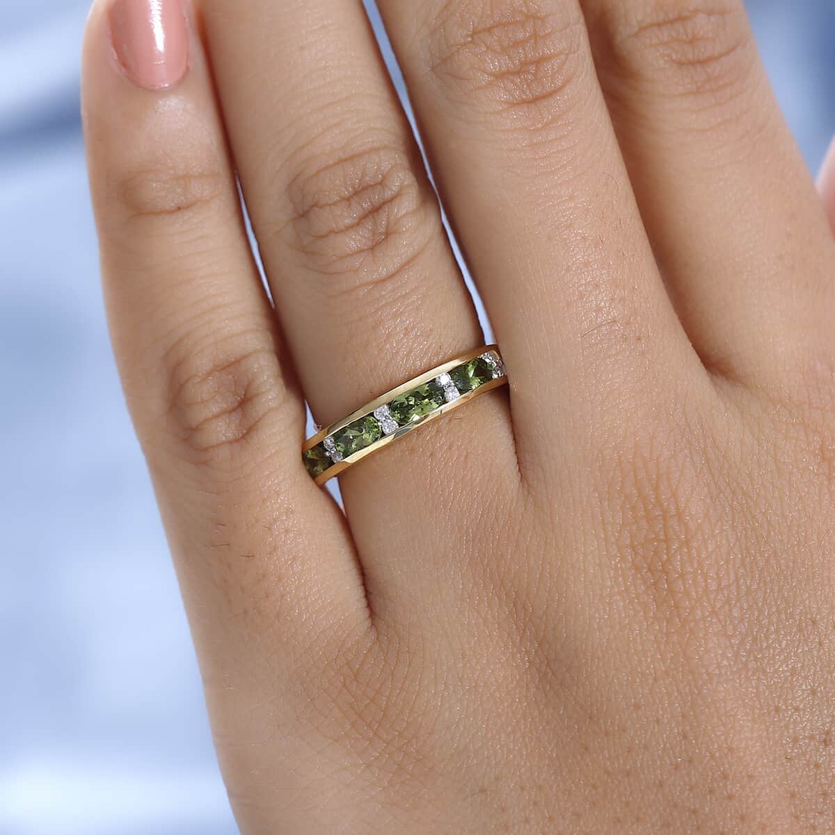 Premium Natural Calabar Green Tourmaline and Moissanite Half Eternity Band Ring in Vermeil Yellow Gold Over Sterling Silver (Size 10.0) 1.00 ctw image number 2