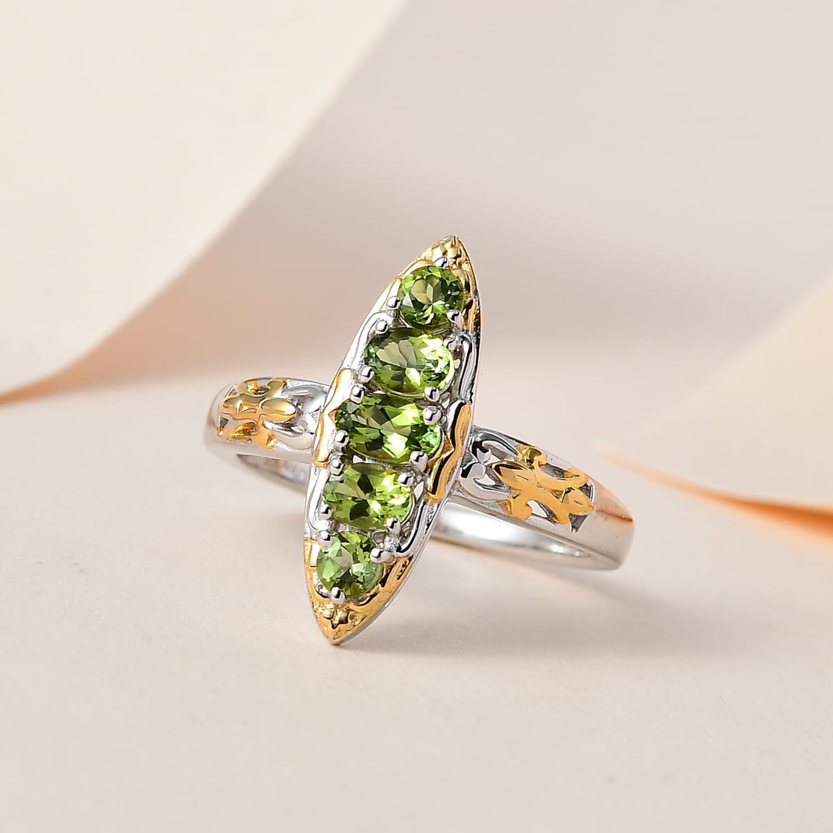 Premium Natural Calabar Green Tourmaline Elongated Ring in Vermeil YG and Platinum Over Sterling Silver (Size 6.0) 0.90 ctw image number 1