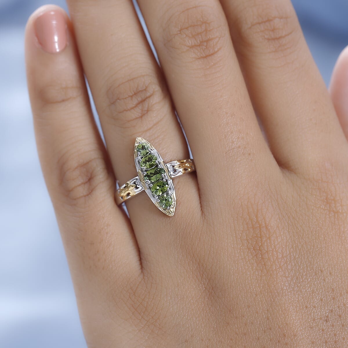 Premium Natural Calabar Green Tourmaline Elongated Ring in Vermeil YG and Platinum Over Sterling Silver (Size 6.0) 0.90 ctw image number 2