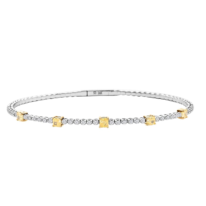 Modani 14K White and Yellow Gold Natural Yellow and White Diamond (SI) Bangle Bracelet (7.25 In) (4.35 g) 0.90 ctw