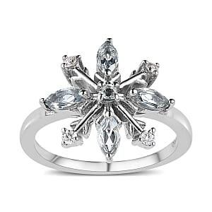 Sky Blue Topaz and Moissanite Snowflake Ring in Platinum Over Sterling Silver (Size 6.0) 0.75 ctw