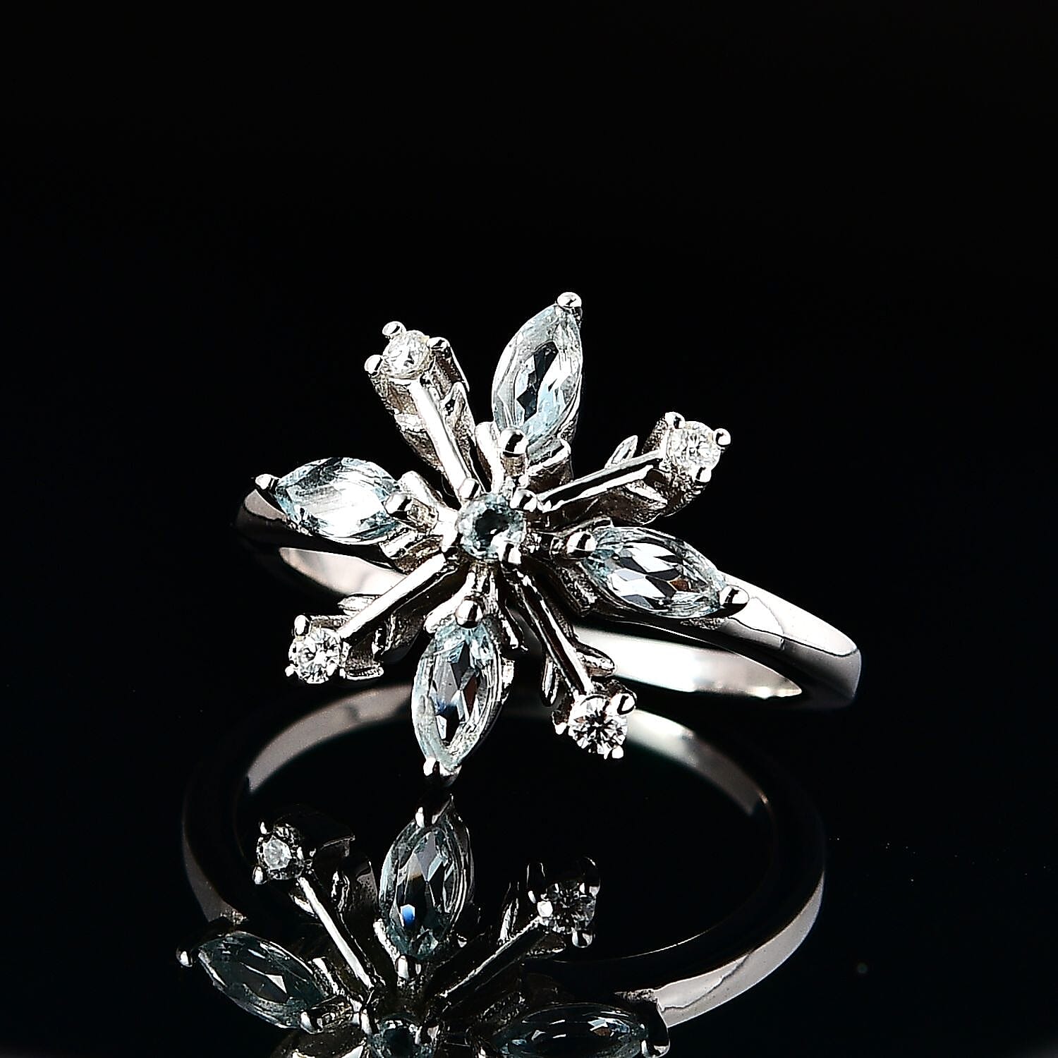 Sky Blue Topaz and Moissanite Snowflake Ring in Platinum Over Sterling Silver (Size 6.0) 0.75 ctw