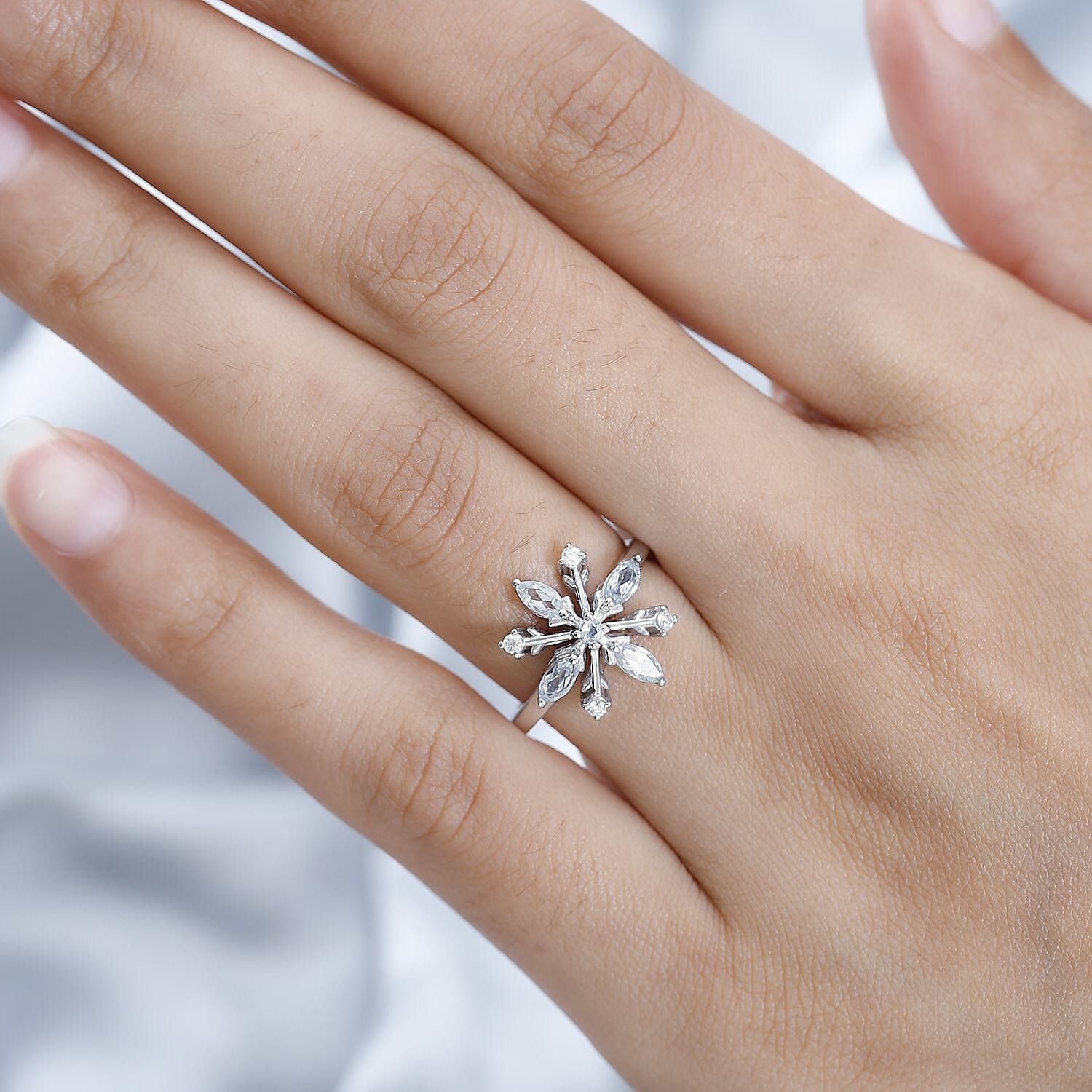 Sky Blue Topaz and Moissanite Snowflake Ring in Platinum Over Sterling Silver (Size 6.0) 0.75 ctw