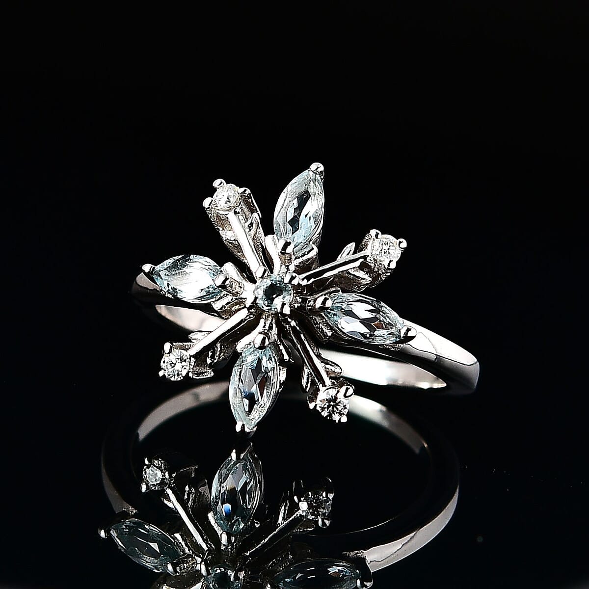 Sky Blue Topaz and Moissanite Snowflake Ring in Platinum Over Sterling Silver (Size 8.0) 0.75 ctw image number 1