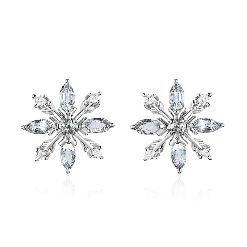 Premium Sky Blue Topaz and Moissanite Snowflake Earrings in Platinum Over Sterling Silver 1.50 ctw