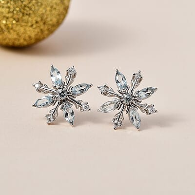 Premium Sky Blue Topaz and Moissanite Snowflake Earrings in Platinum Over Sterling Silver 1.50 ctw