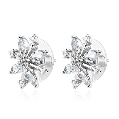 Premium Sky Blue Topaz and Moissanite Snowflake Earrings in Platinum Over Sterling Silver 1.50 ctw