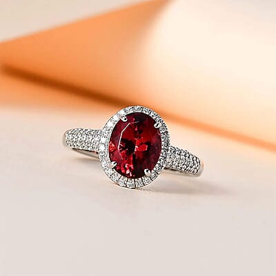 Rhapsody AAAA Ouro Fino Rubellite and E-F VS2 Diamond 2.50 ctw Halo Ring in 950 Platinum (Size 10.0) 5.70 Grams