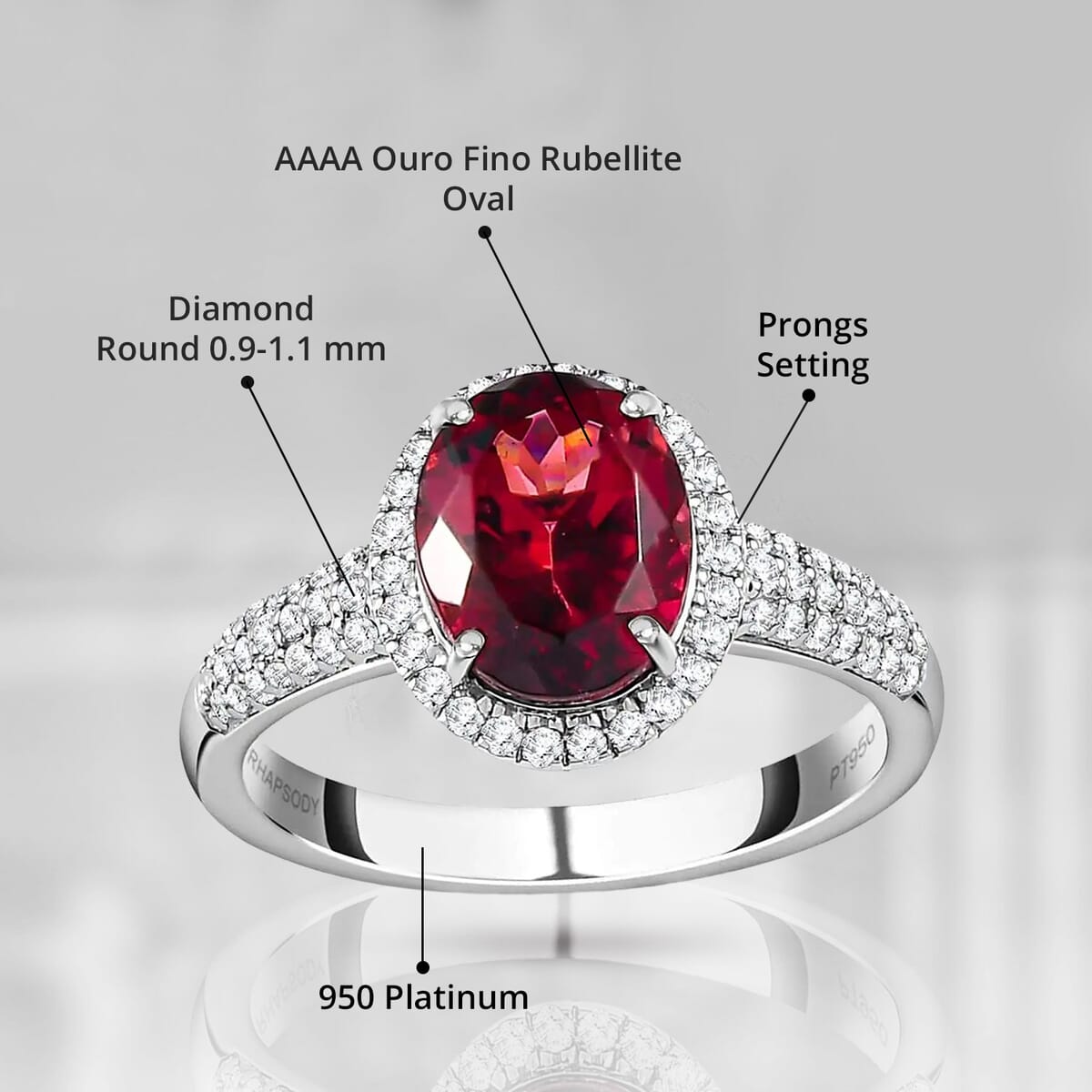 Rhapsody AAAA Ouro Fino Rubellite and E-F VS2 Diamond 2.35 ctw Halo Ring in 950 Platinum (Size 9.0) 6.50 Grams image number 4