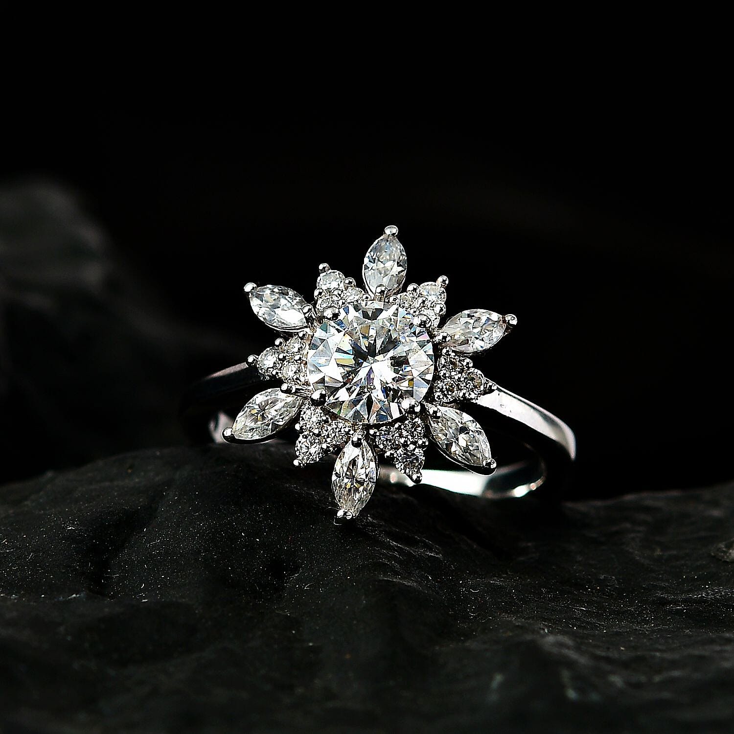 Moissanite Floral Ring in Platinum Over Sterling Silver (Size 6.0) 1.50 ctw
