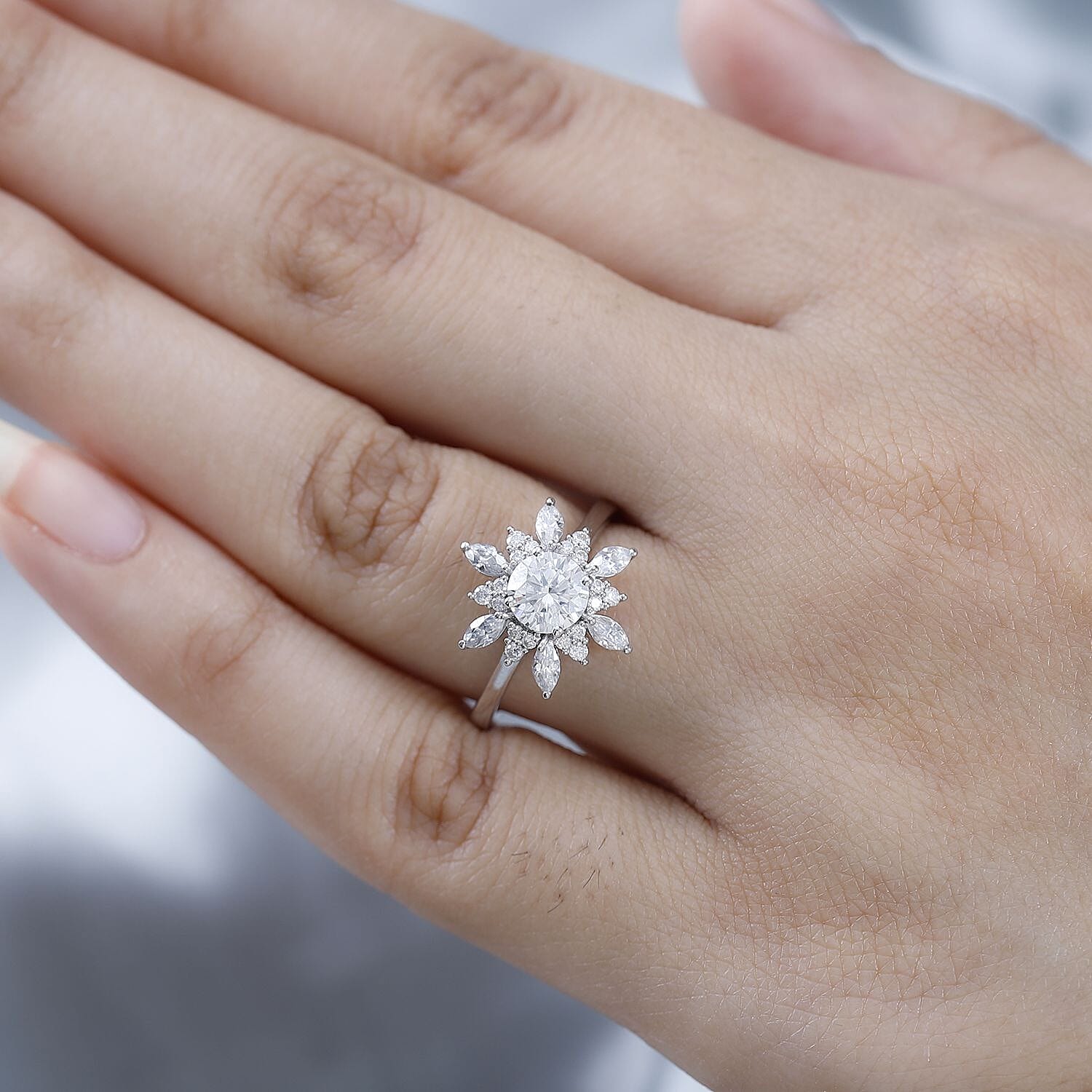 Moissanite Floral Ring in Platinum Over Sterling Silver (Size 6.0) 1.50 ctw