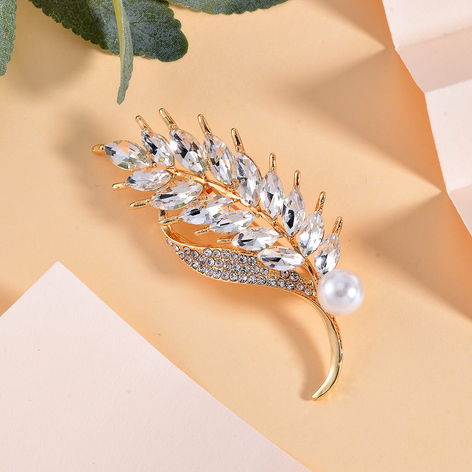 Plastic Pearl, White Swarovski Crystal Brooch in Goldtone