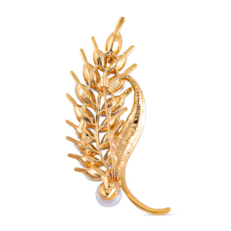 Plastic Pearl, White Swarovski Crystal Brooch in Goldtone