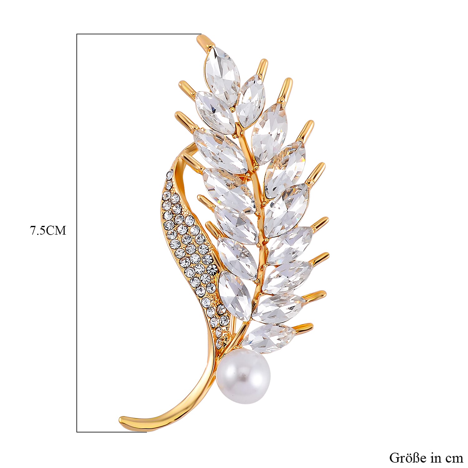 Plastic Pearl, White Swarovski Crystal Brooch in Goldtone