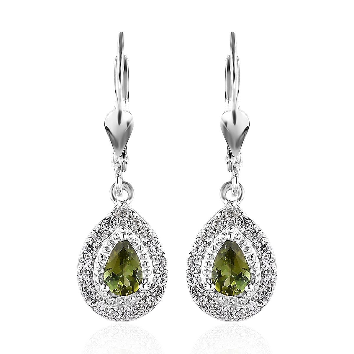 D'Joy Premium Natural Calabar Green Tourmaline and White Zircon Lever Back Earrings in Platinum Over Sterling Silver 1.50 ctw