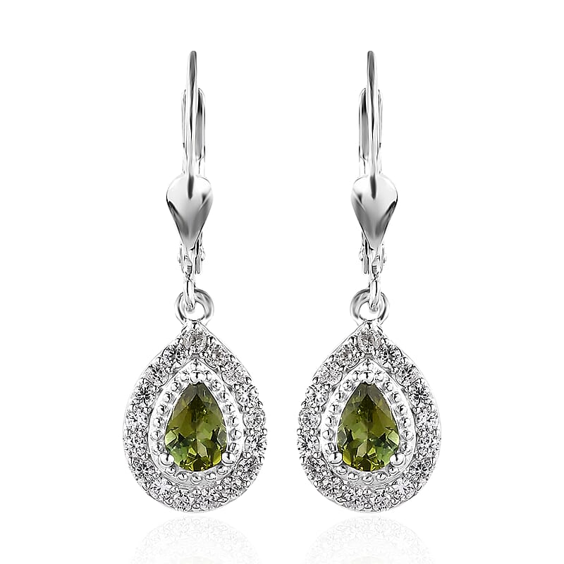 D'Joy Premium Natural Calabar Green Tourmaline and White Zircon Lever Back Earrings in Platinum Over Sterling Silver 1.50 ctw