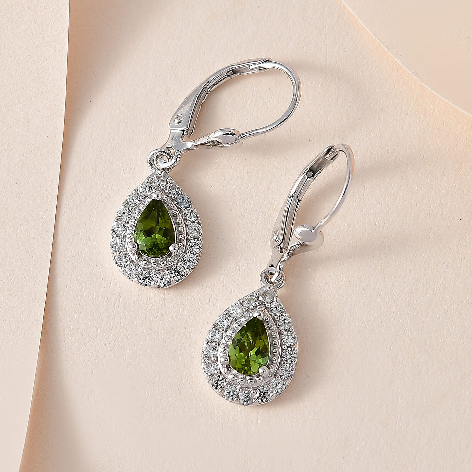 D'Joy Premium Natural Calabar Green Tourmaline and White Zircon Lever Back Earrings in Platinum Over Sterling Silver 1.50 ctw