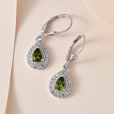 D'Joy Premium Natural Calabar Green Tourmaline and White Zircon Lever Back Earrings in Platinum Over Sterling Silver 1.50 ctw