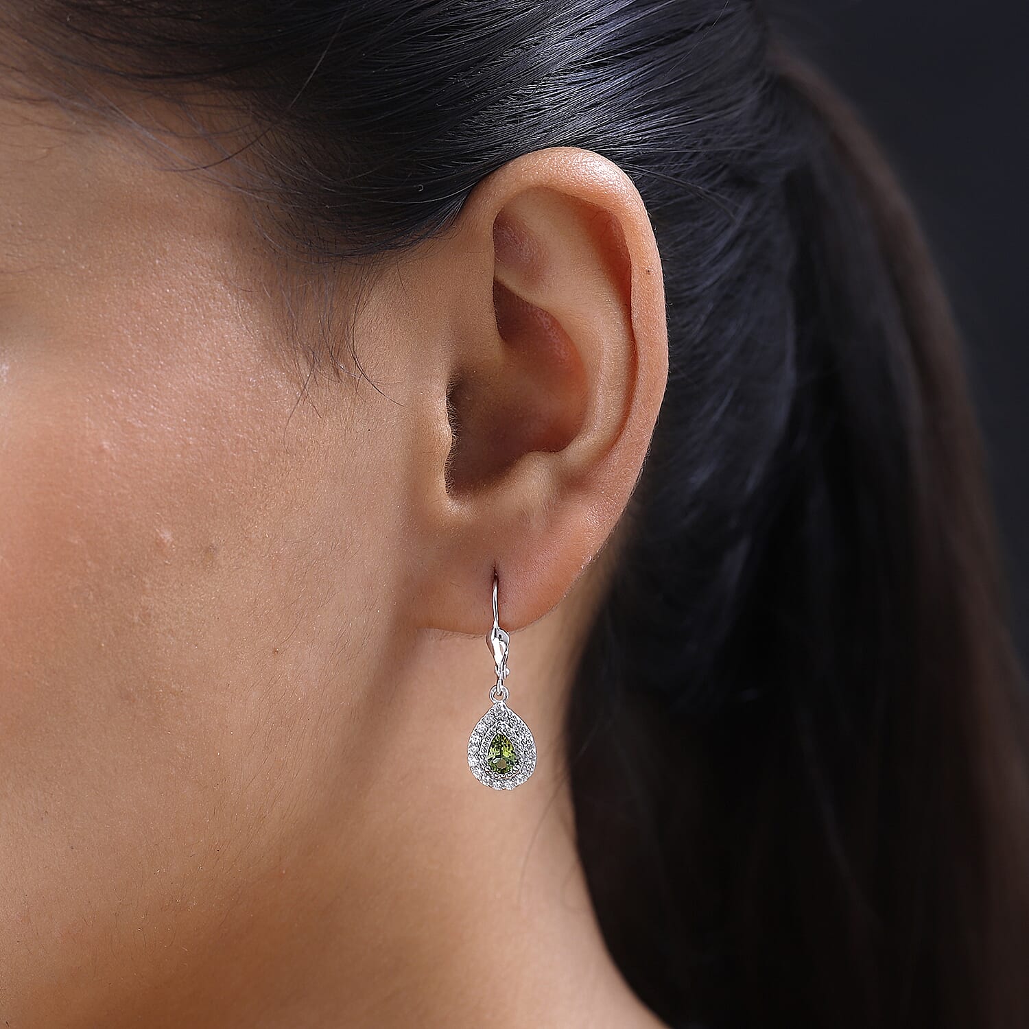 D'Joy Premium Natural Calabar Green Tourmaline and White Zircon Lever Back Earrings in Platinum Over Sterling Silver 1.50 ctw