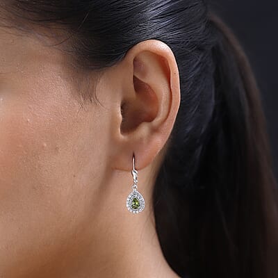 D'Joy Premium Natural Calabar Green Tourmaline and White Zircon Lever Back Earrings in Platinum Over Sterling Silver 1.50 ctw