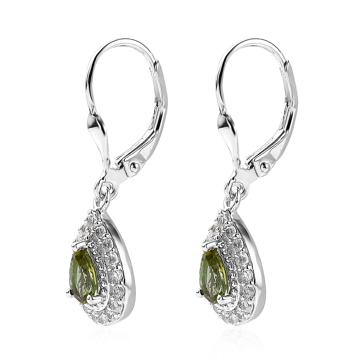 D'Joy Premium Natural Calabar Green Tourmaline and White Zircon Lever Back Earrings in Platinum Over Sterling Silver 1.50 ctw