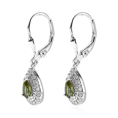 D'Joy Premium Natural Calabar Green Tourmaline and White Zircon Lever Back Earrings in Platinum Over Sterling Silver 1.50 ctw