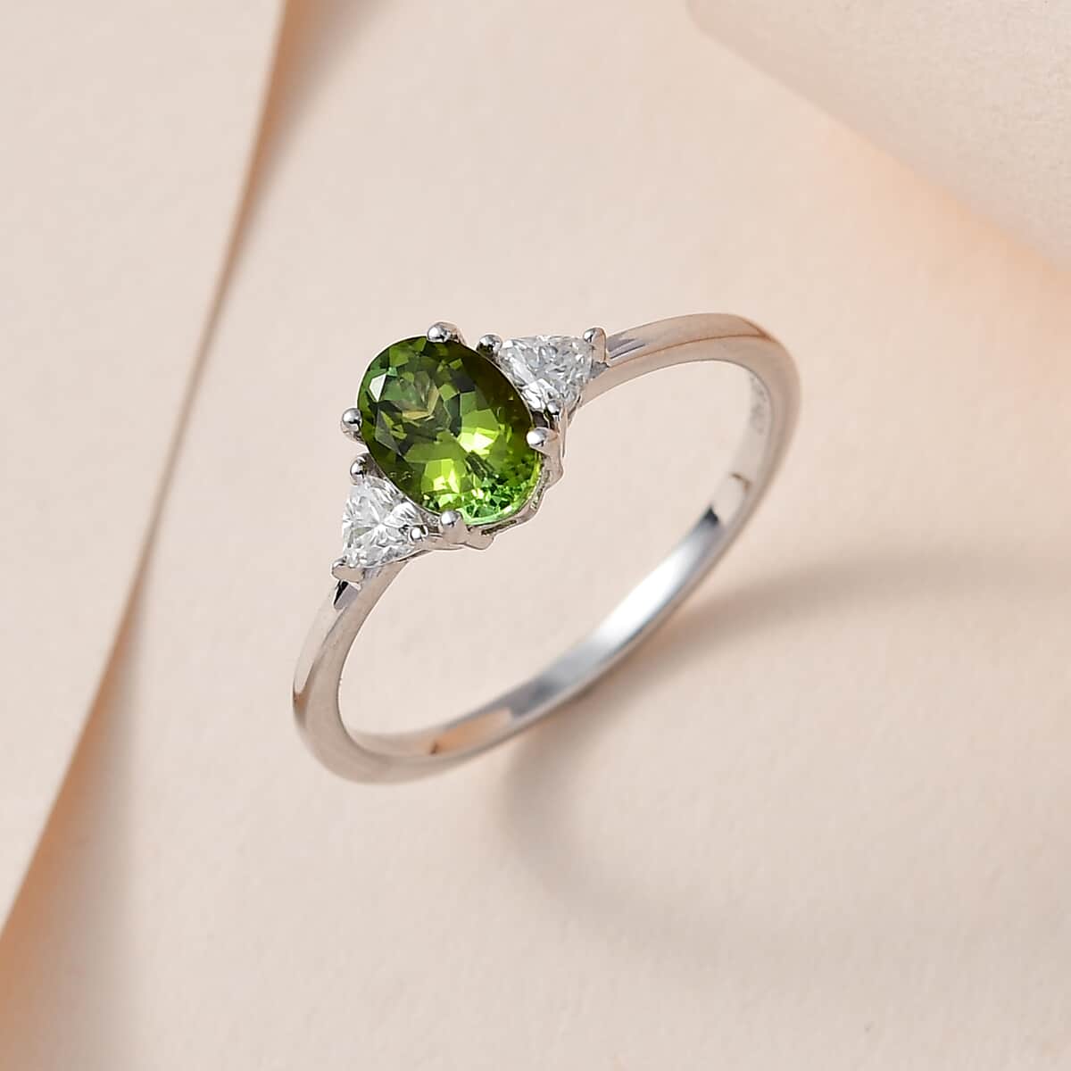 Premium Natural Calabar Green Tourmaline and Moissanite Ring in Platinum Over Sterling Silver (Size 10.0) 1.00 ctw image number 1