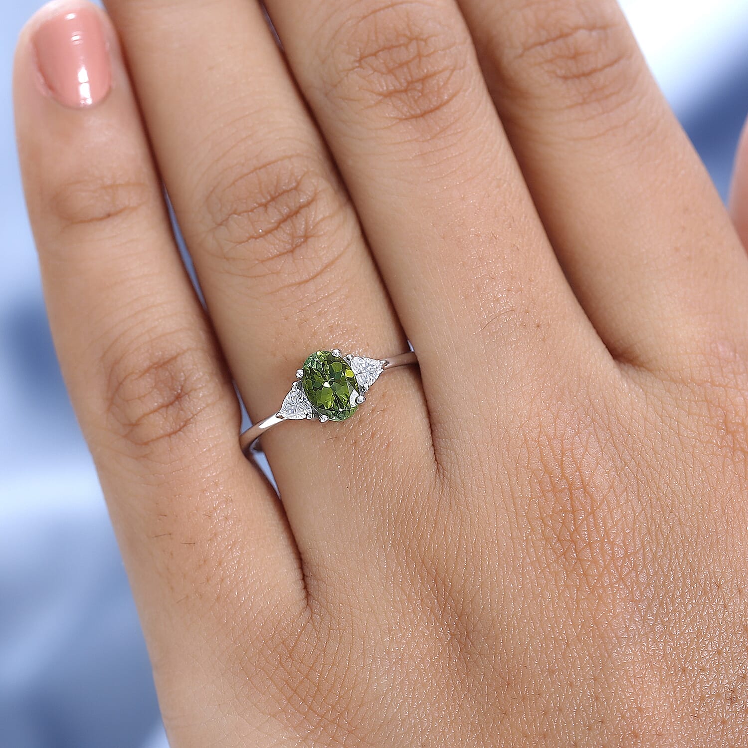 Premium Natural Calabar Green Tourmaline and Moissanite Ring in Platinum Over Sterling Silver (Size 10.0) 1.00 ctw