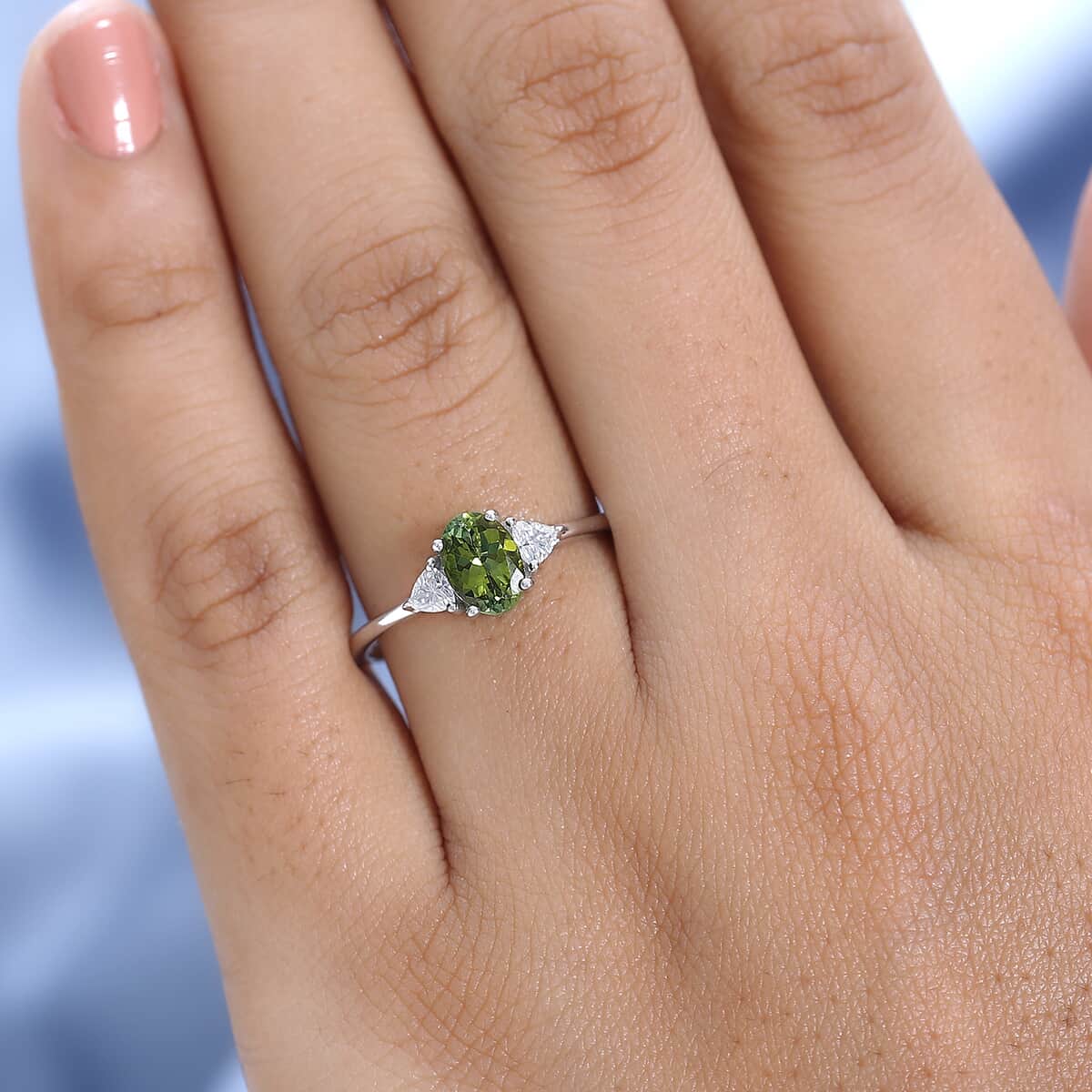 Premium Calabar Tourmaline and Moissanite Ring in Platinum Over Sterling Silver (Size 10.0) 1.00 ctw (Del. in 3-5 Days) image number 2