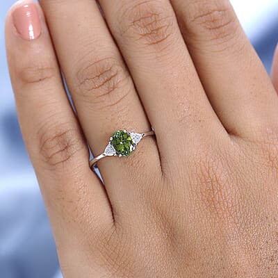 Premium Natural Calabar Green Tourmaline and Moissanite Ring in Platinum Over Sterling Silver (Size 10.0) 1.00 ctw