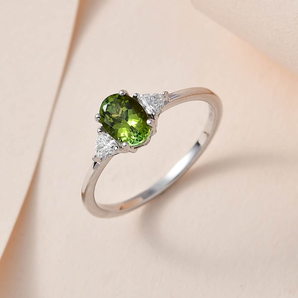 Premium Natural Calabar Green Tourmaline and Moissanite Ring in Platinum Over Sterling Silver (Size 7.0) 1.00 ctw image number 1