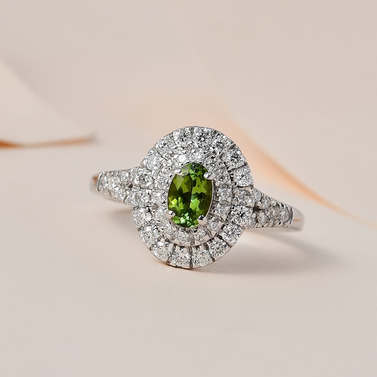 Premium Calabar Tourmaline and Moissanite Double Halo Ring in Platinum Over Sterling Silver (Size 10.0) 1.00 ctw image number 1