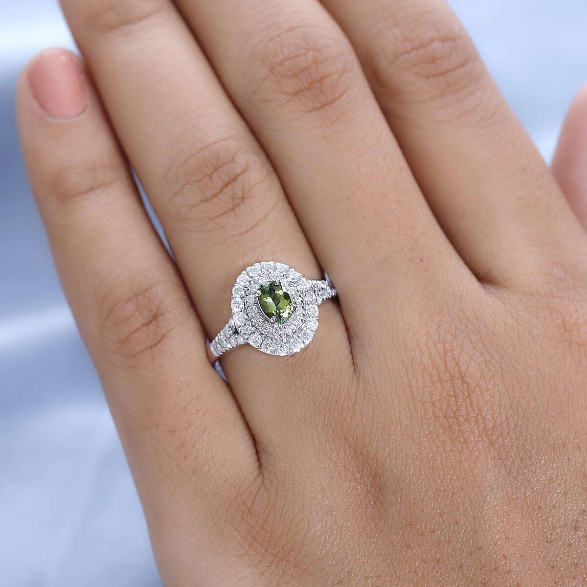 Premium Calabar Tourmaline and Moissanite Double Halo Ring in Platinum Over Sterling Silver (Size 10.0) 1.00 ctw image number 2